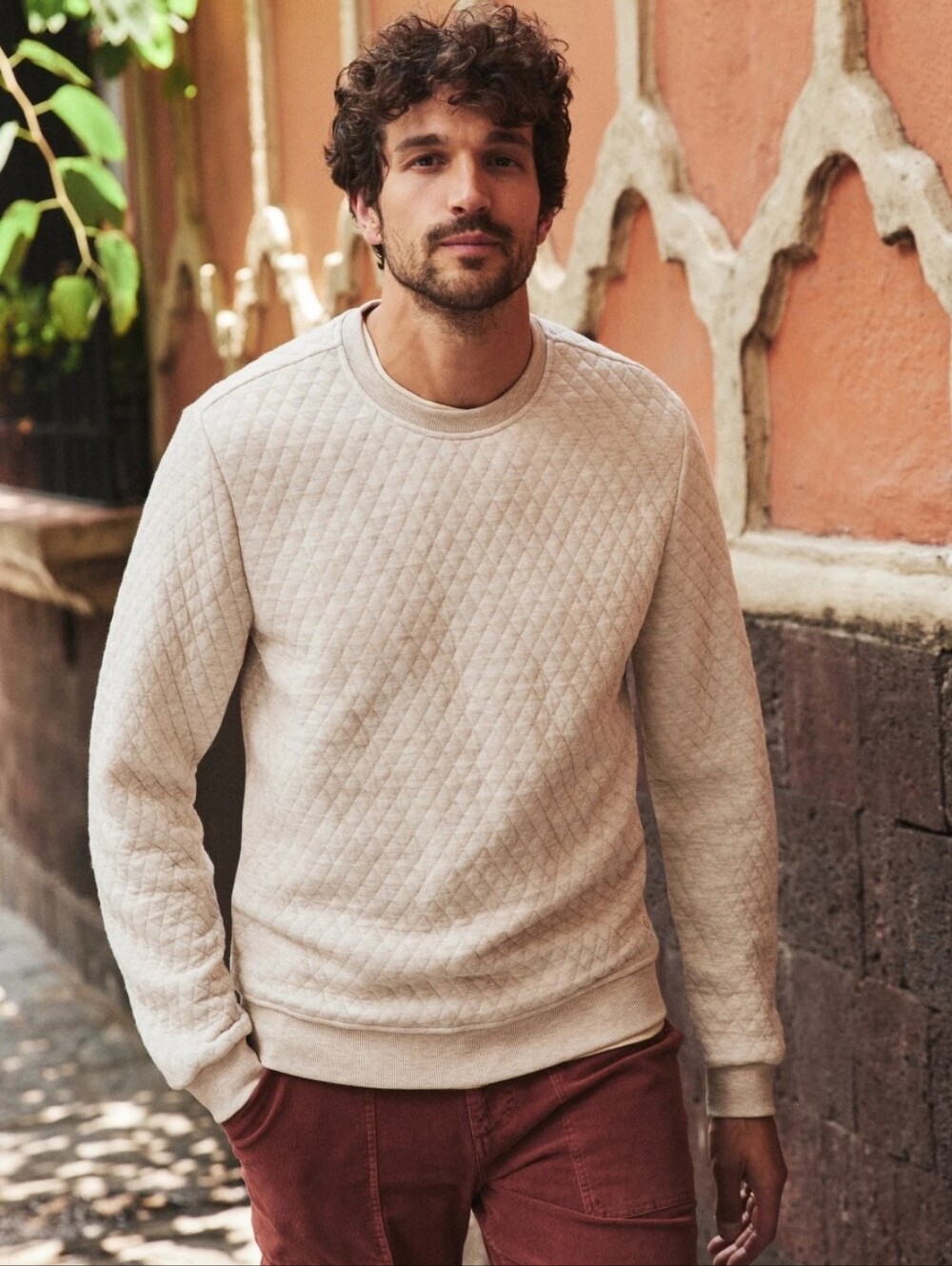 Marine Layer Corbet Quilted Crewneck Pullover In Oatmeal